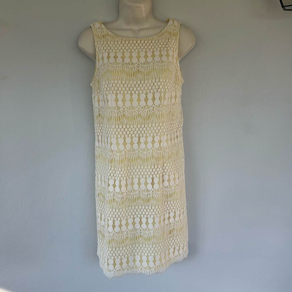 Jessica Howard yellow white lace overlay sleeveless pencil dress size 6P - Picture 2 of 16